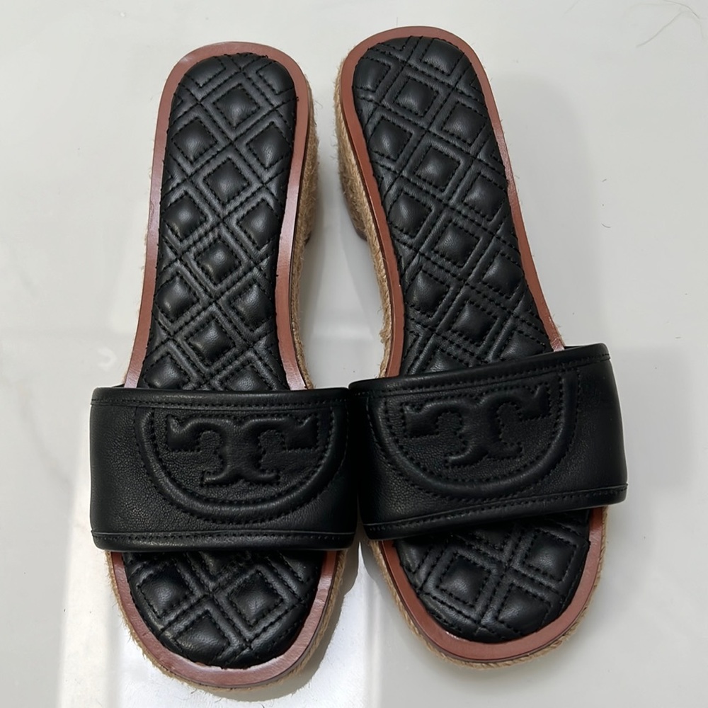 NEW Tory Burch Fleming Somm Espadrille Slide Sandal. Black/Tan. Size 5